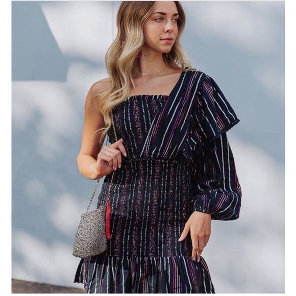 NWT Farm Rio Black Rainbow One Shoulder Metallic Lurex Stripes Mini Dress SZ XS - Picture 12 of 12